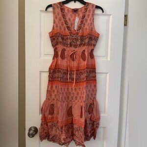 NWT Chaudry KC Silk Dress Coral Paisley Tiered V Neck, size M
